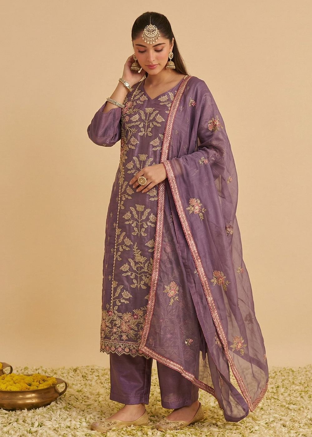 Buy Now Lilac Pure Shimmer SIlk Embroidered Salwar Kurta Dress Online in US, UK, Canada, Netherlands, Germany, Italy, France, Sweden, UAE & Worldwide at Empress.