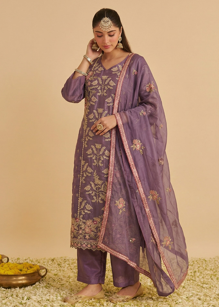 Buy Now Lilac Pure Shimmer SIlk Embroidered Salwar Kurta Dress Online in US, UK, Canada, Netherlands, Germany, Italy, France, Sweden, UAE & Worldwide at Empress.