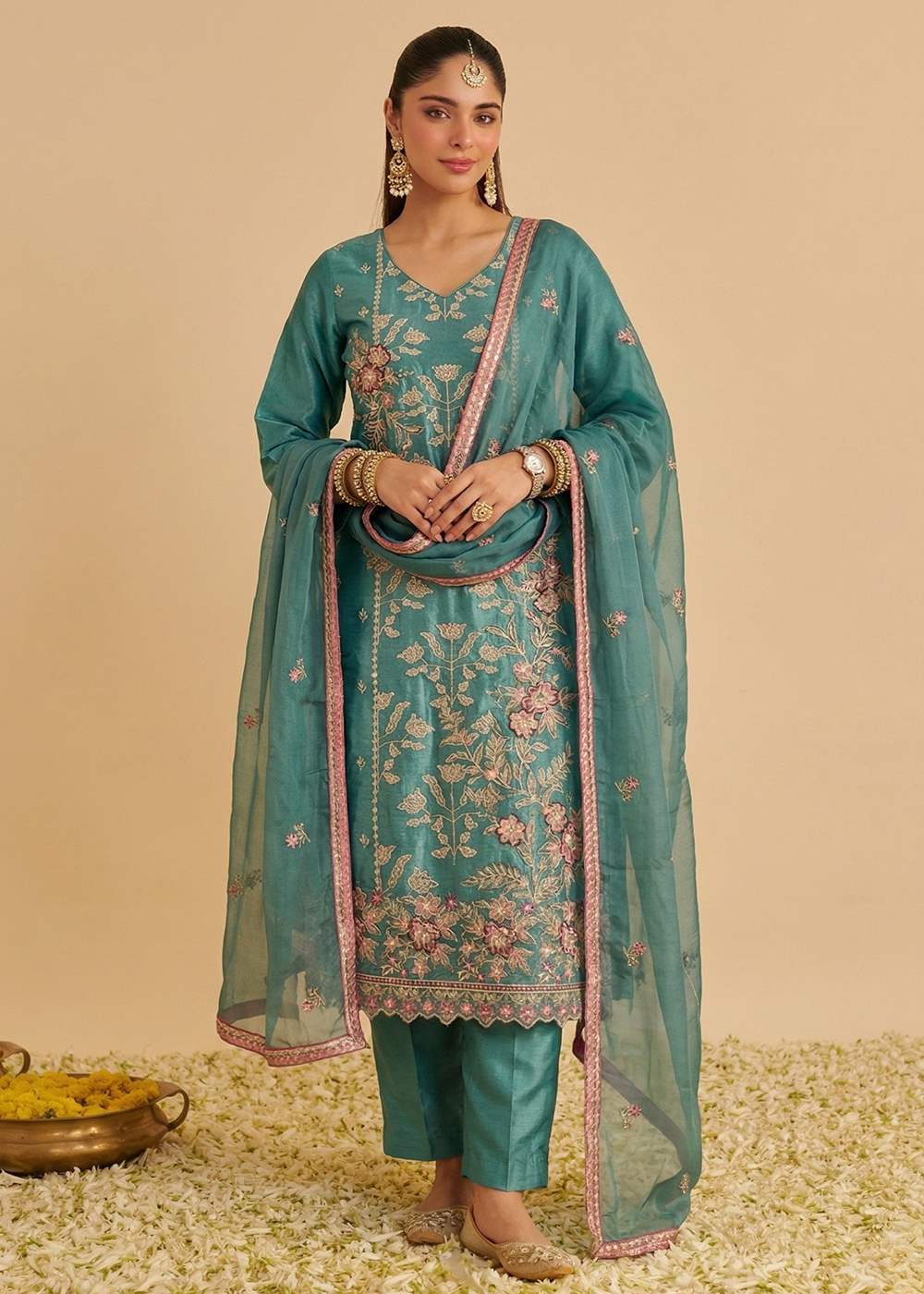 Buy Now Teal Pure Shimmer SIlk Embroidered Salwar Kurta Dress Online in US, UK, Canada, Netherlands, Germany, Italy, France, Sweden, UAE & Worldwide at Empress.