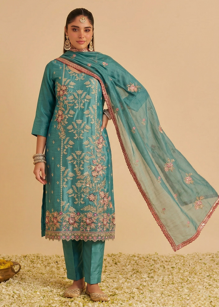 Buy Now Teal Pure Shimmer SIlk Embroidered Salwar Kurta Dress Online in US, UK, Canada, Netherlands, Germany, Italy, France, Sweden, UAE & Worldwide at Empress.