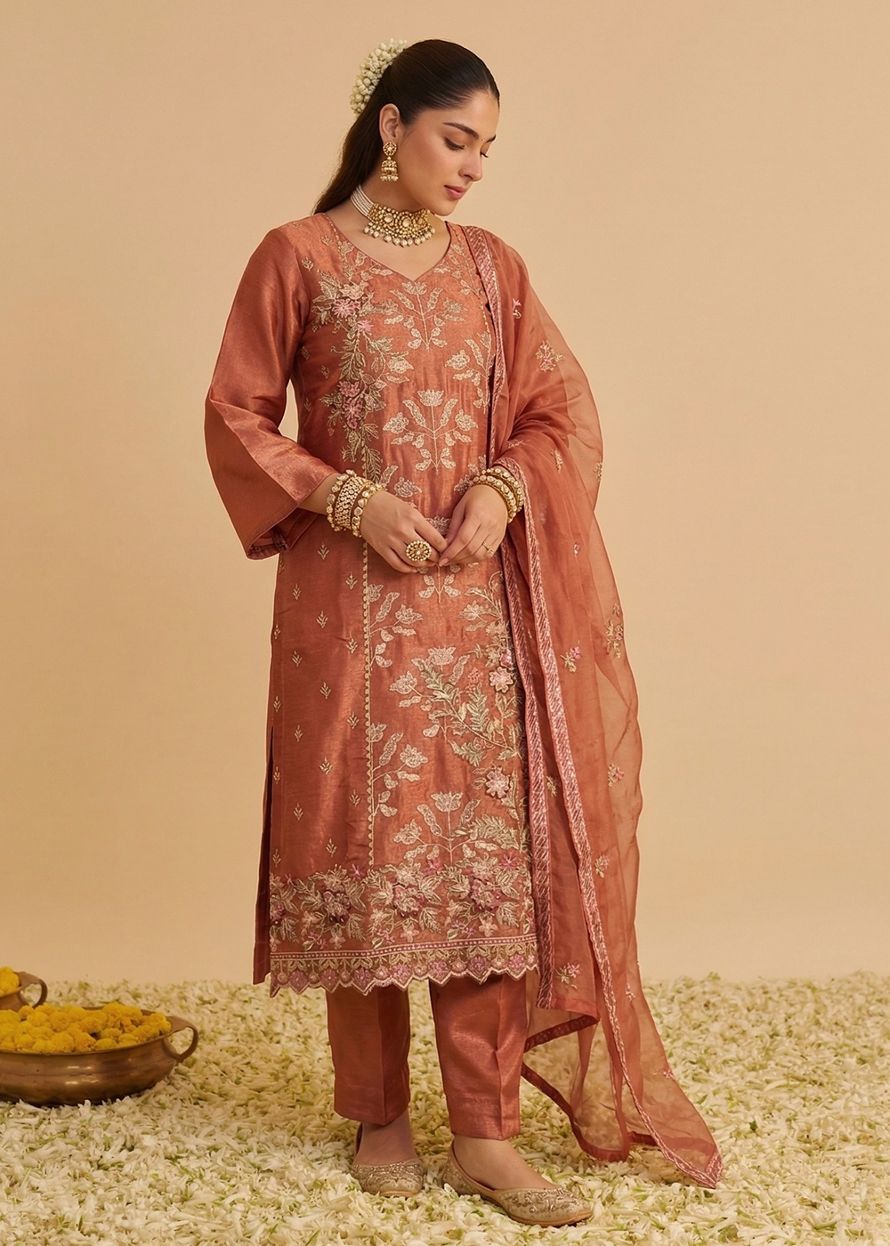 Buy Now Rust Pure Shimmer SIlk Embroidered Salwar Kurta Dress Online in US, UK, Canada, Netherlands, Germany, Italy, France, Sweden, UAE & Worldwide at Empress.
