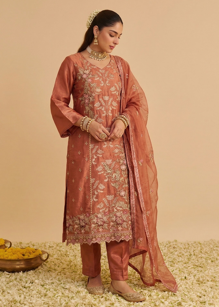 Buy Now Rust Pure Shimmer SIlk Embroidered Salwar Kurta Dress Online in US, UK, Canada, Netherlands, Germany, Italy, France, Sweden, UAE & Worldwide at Empress.