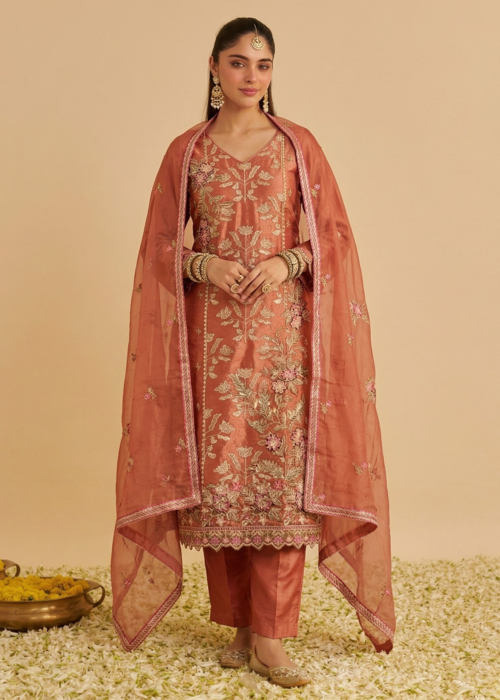 Buy Now Rust Pure Shimmer SIlk Embroidered Salwar Kurta Dress Online in US, UK, Canada, Netherlands, Germany, Italy, France, Sweden, UAE & Worldwide at Empress.