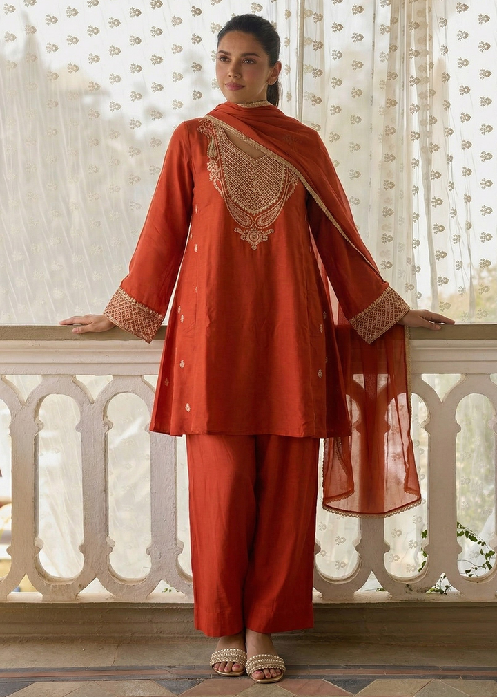 Buy Now Designer Style Orange Festive Pant Style Salwar Suit Online in US, UK, Canada, Netherlands, Germany, Italy, France, Sweden, UAE & Worldwide at Empress.