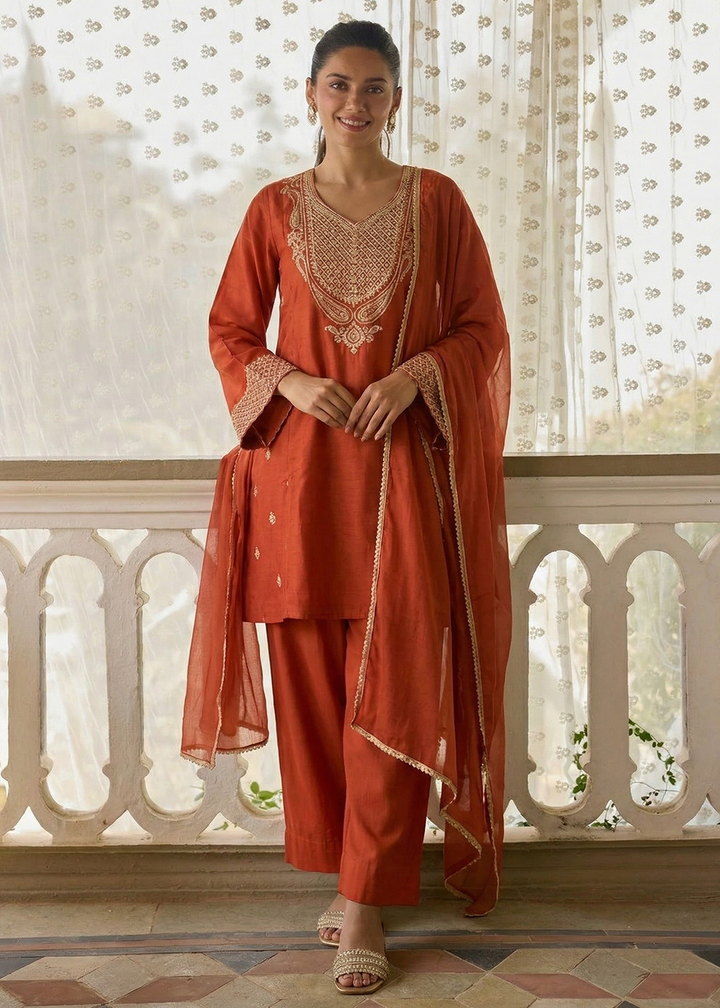 Buy Now Designer Style Orange Festive Pant Style Salwar Suit Online in US, UK, Canada, Netherlands, Germany, Italy, France, Sweden, UAE & Worldwide at Empress.