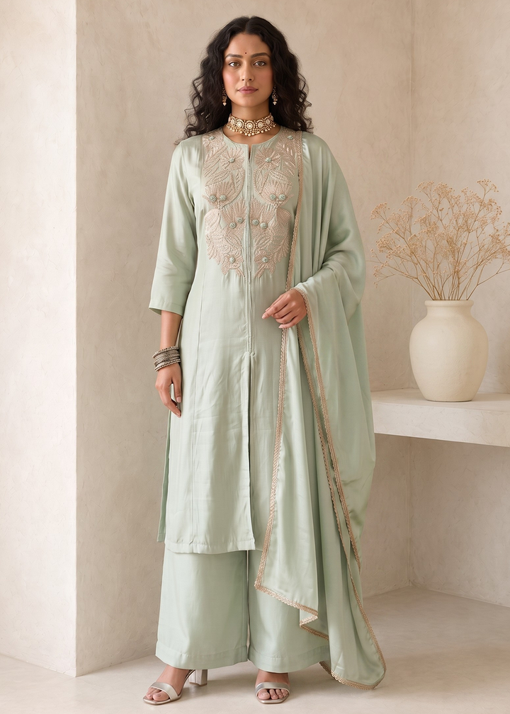 Buy Now Green A Line Anarkali Style Festive Salwar Suit Online in US, UK, Canada, Netherlands, Germany, Italy, France, Sweden, Austria &amp; Worldwide at Empress.