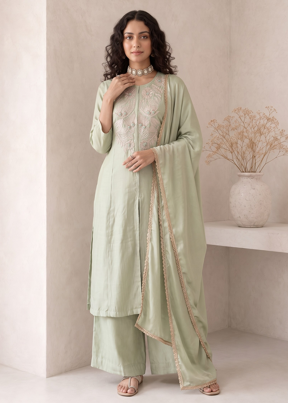 Buy Now Green A Line Anarkali Style Festive Salwar Suit Online in US, UK, Canada, Netherlands, Germany, Italy, France, Sweden, Austria & Worldwide at Empress.