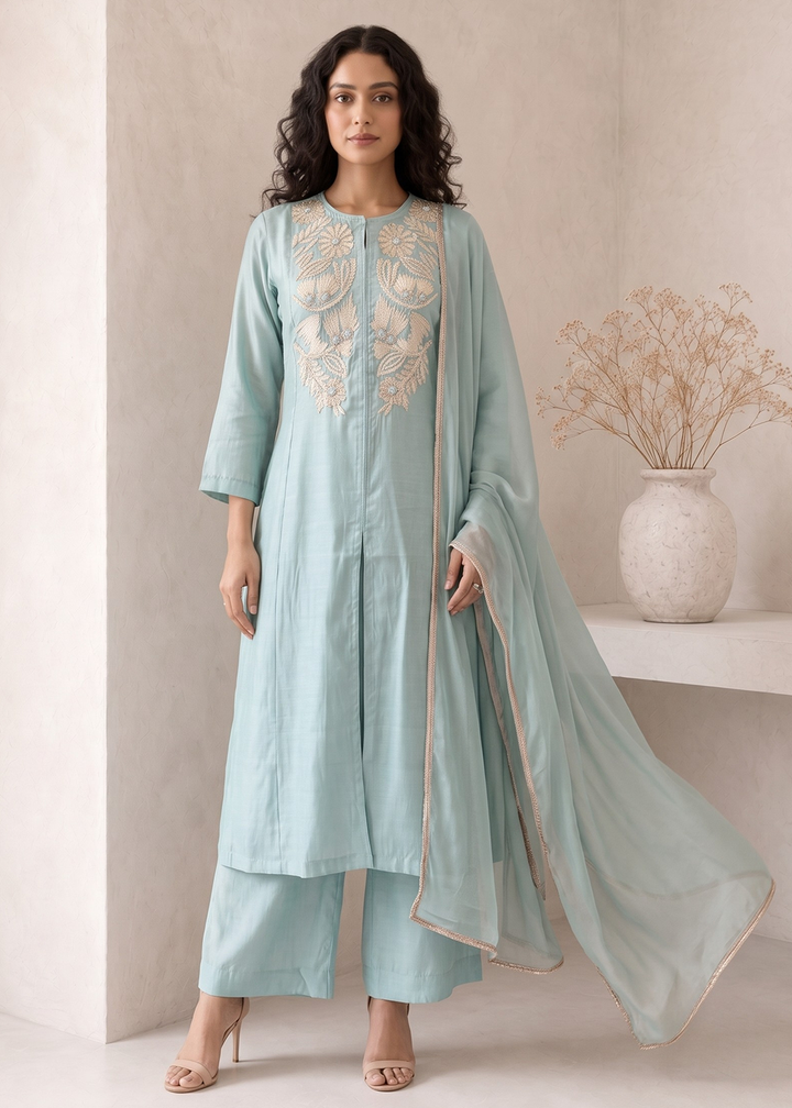 Buy Now Blue A Line Anarkali Style Festive Salwar Suit Online in US, UK, Canada, Netherlands, Germany, Italy, France, Sweden, Austria &amp; Worldwide at Empress.