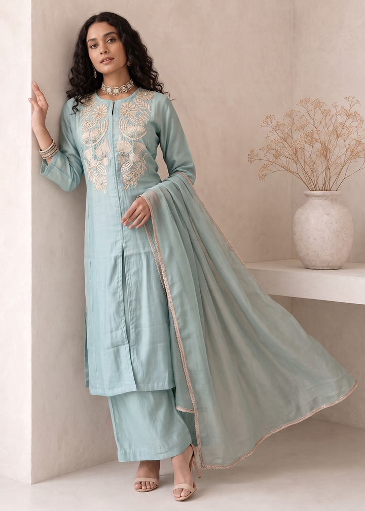 Buy Now Blue A Line Anarkali Style Festive Salwar Suit Online in US, UK, Canada, Netherlands, Germany, Italy, France, Sweden, Austria &amp; Worldwide at Empress.