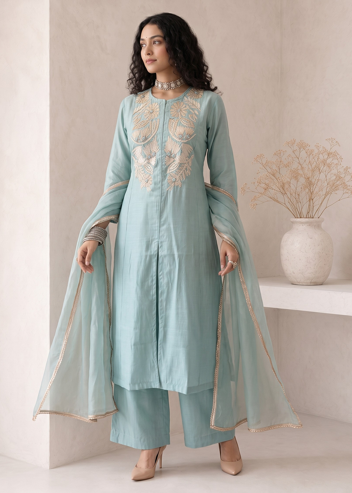Buy Now Blue A Line Anarkali Style Festive Salwar Suit Online in US, UK, Canada, Netherlands, Germany, Italy, France, Sweden, Austria &amp; Worldwide at Empress.