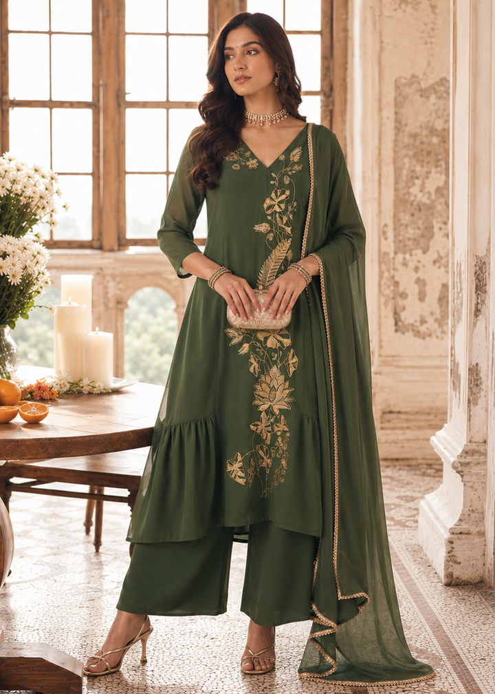 Buy Now Green Mal Chanderi A Line Pleated Anarkali Style Suit Online in US, UK, Canada, Germany, Italy, France, Greece, Australia, UAE &amp; Worldwide at Empress.