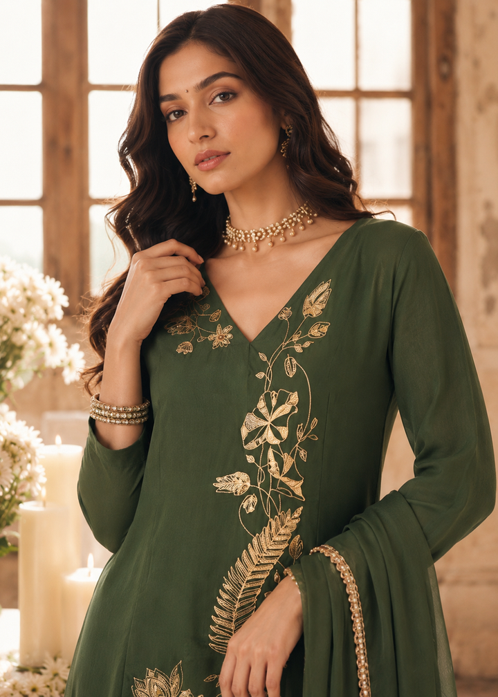Buy Now Green Mal Chanderi A Line Pleated Anarkali Style Suit Online in US, UK, Canada, Germany, Italy, France, Greece, Australia, UAE &amp; Worldwide at Empress.