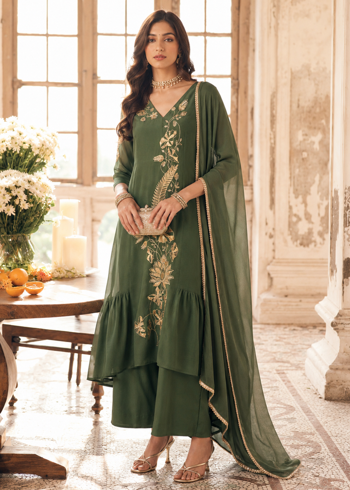Buy Now Green Mal Chanderi A Line Pleated Anarkali Style Suit Online in US, UK, Canada, Germany, Italy, France, Greece, Australia, UAE &amp; Worldwide at Empress.