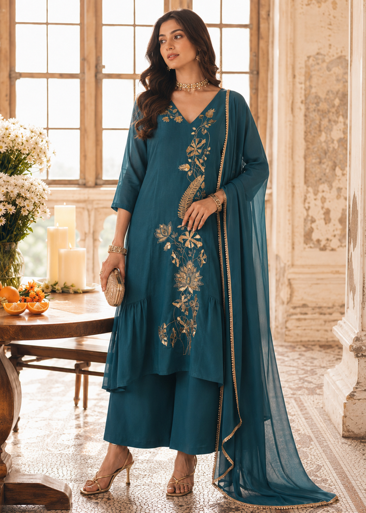 Buy Now Blue Mal Chanderi A Line Pleated Anarkali Style Suit Online in US, UK, Canada, Germany, Italy, France, Greece, Australia, UAE &amp; Worldwide at Empress.