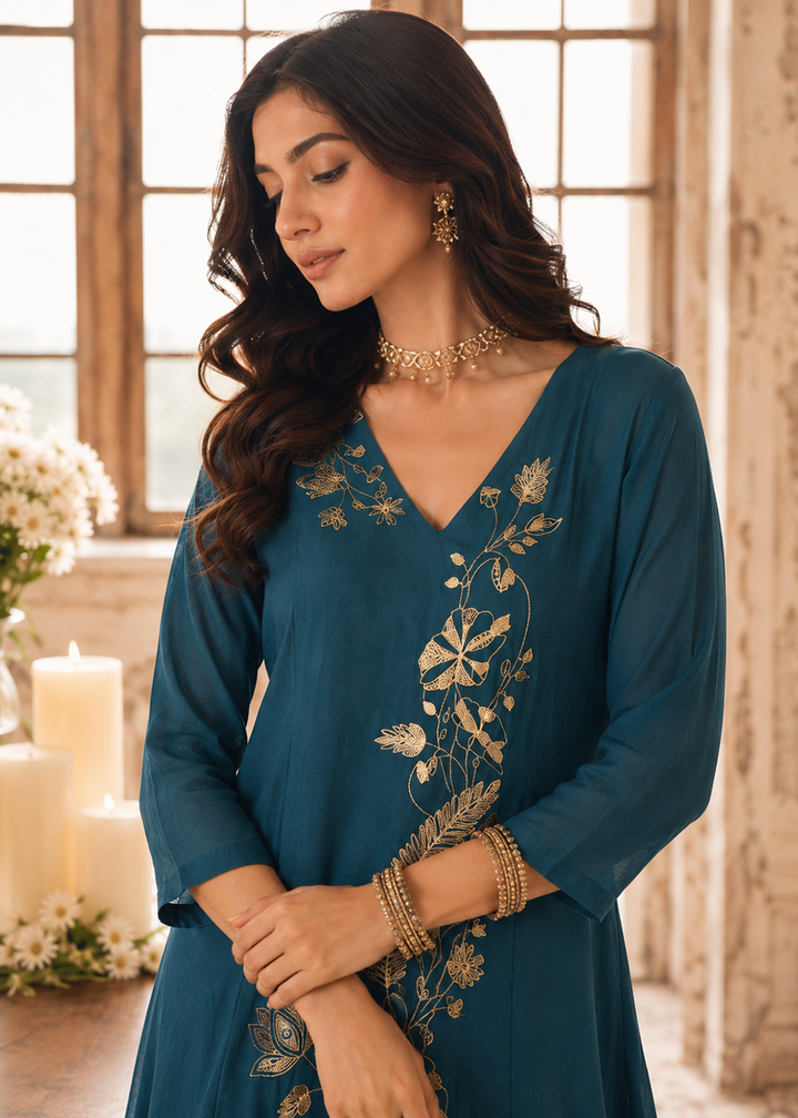 Buy Now Blue Mal Chanderi A Line Pleated Anarkali Style Suit Online in US, UK, Canada, Germany, Italy, France, Greece, Australia, UAE &amp; Worldwide at Empress.