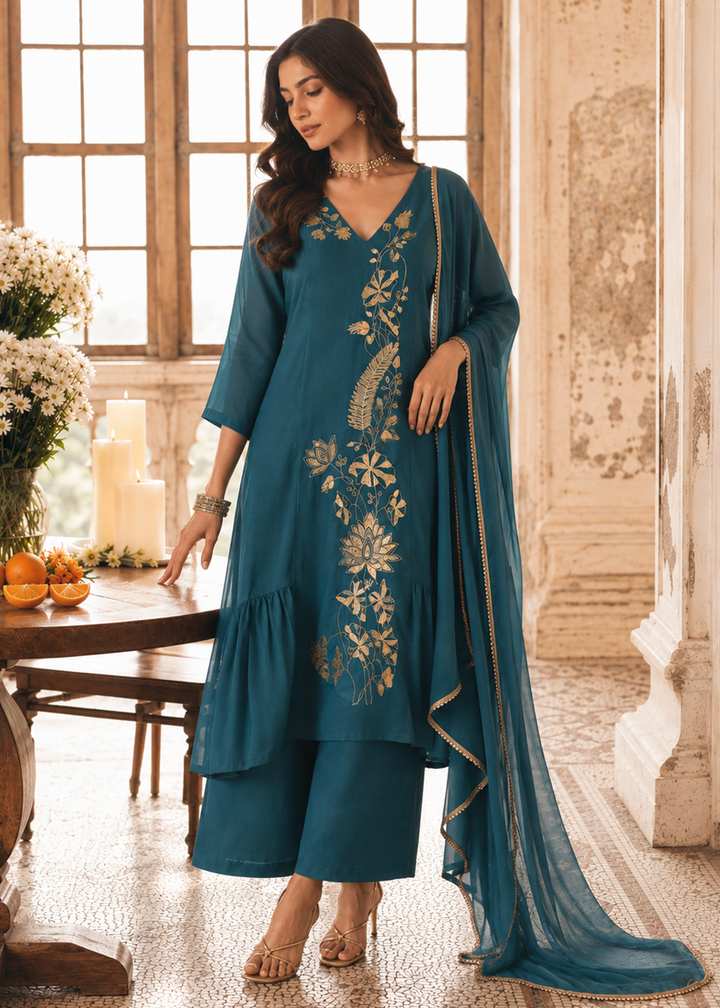 Buy Now Blue Mal Chanderi A Line Pleated Anarkali Style Suit Online in US, UK, Canada, Germany, Italy, France, Greece, Australia, UAE &amp; Worldwide at Empress.