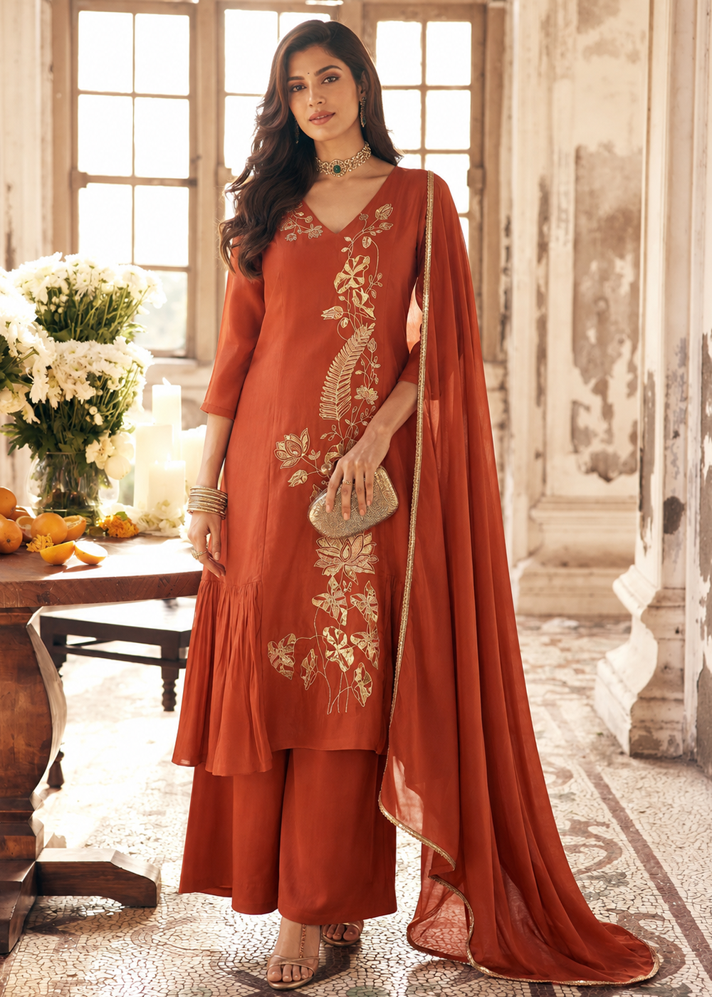 Buy Now Orange Mal Chanderi A Line Pleated Anarkali Style Suit Online in US, UK, Canada, Germany, Italy, France, Greece, Australia, UAE & Worldwide at Empress.