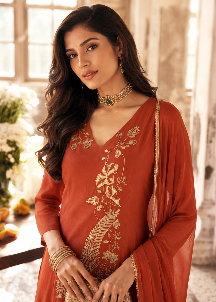 Buy Now Orange Mal Chanderi A Line Pleated Anarkali Style Suit Online in US, UK, Canada, Germany, Italy, France, Greece, Australia, UAE &amp; Worldwide at Empress.
