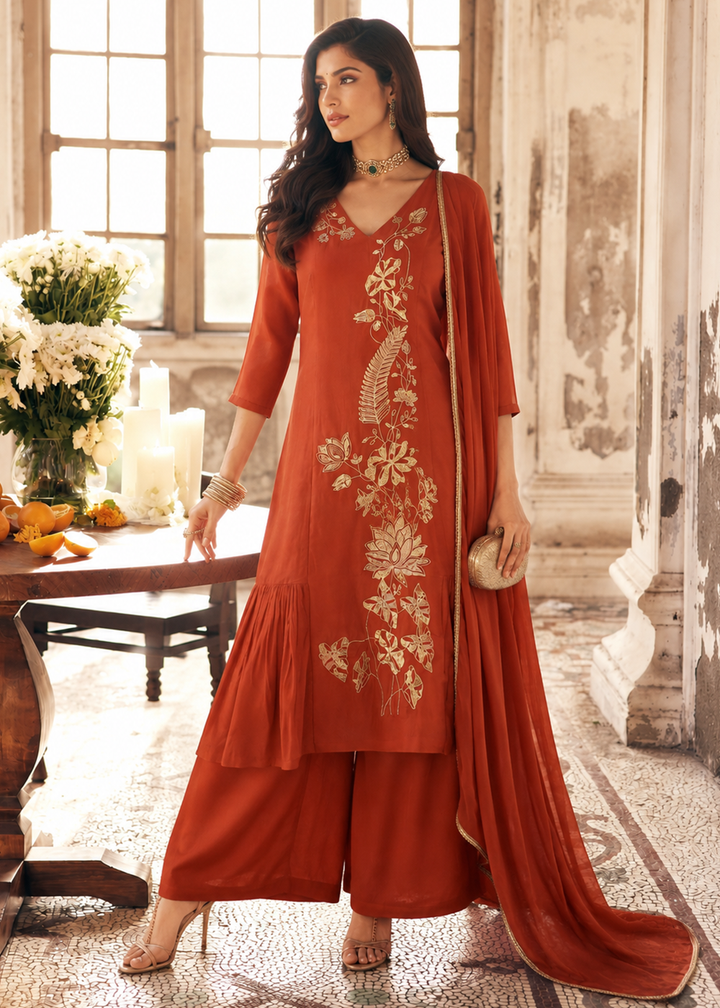 Buy Now Orange Mal Chanderi A Line Pleated Anarkali Style Suit Online in US, UK, Canada, Germany, Italy, France, Greece, Australia, UAE &amp; Worldwide at Empress.