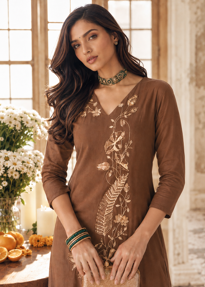Buy Now Brown Mal Chanderi A Line Pleated Anarkali Style Suit Online in US, UK, Canada, Germany, Italy, France, Greece, Australia, UAE &amp; Worldwide at Empress.