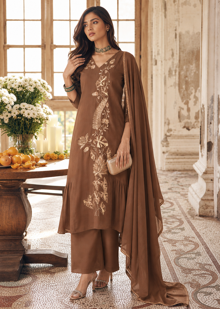 Buy Now Brown Mal Chanderi A Line Pleated Anarkali Style Suit Online in US, UK, Canada, Germany, Italy, France, Greece, Australia, UAE &amp; Worldwide at Empress.