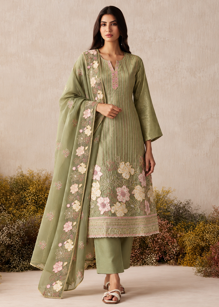 Buy Now Green Shimmer Silk Embroidered Festive Salwar Suit Online in US, UK, Canada, Germany, Italy, France, Greece, Australia, UAE &amp; Worldwide at Empress.