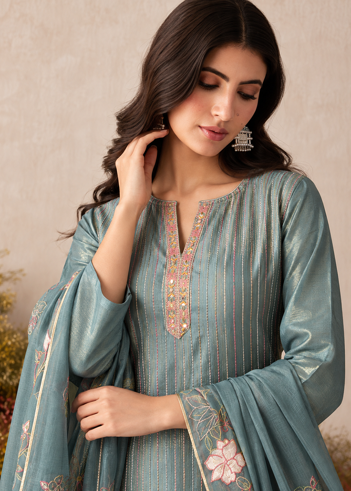Buy Now Blue Shimmer Silk Embroidered Festive Salwar Suit Online in US, UK, Canada, Germany, Italy, France, Greece, Australia, UAE &amp; Worldwide at Empress.