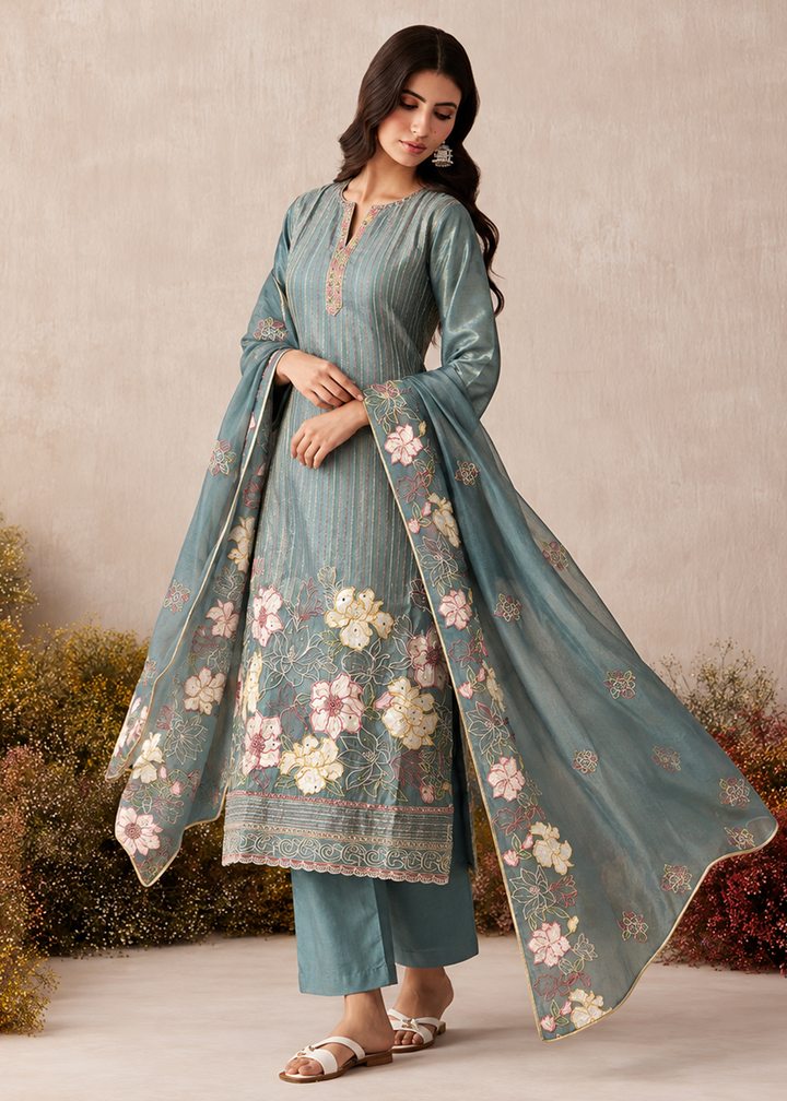 Buy Now Blue Shimmer Silk Embroidered Festive Salwar Suit Online in US, UK, Canada, Germany, Italy, France, Greece, Australia, UAE &amp; Worldwide at Empress.