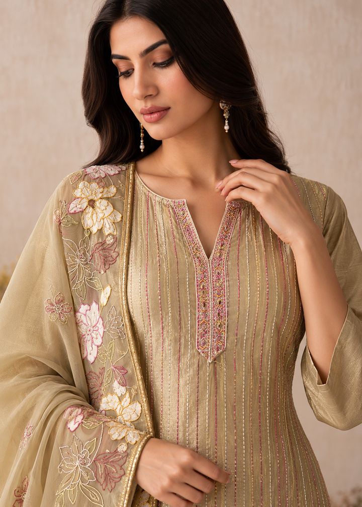 Buy Now Beige Shimmer Silk Embroidered Festive Salwar Suit Online in US, UK, Canada, Germany, Italy, France, Greece, Australia, UAE &amp; Worldwide at Empress.