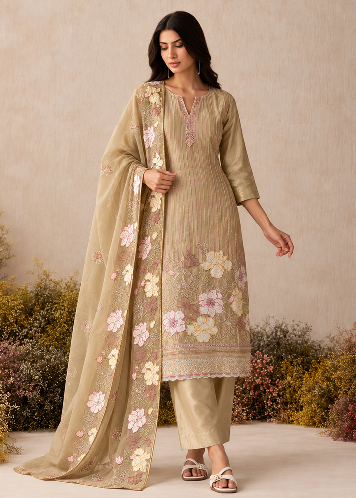 Buy Now Beige Shimmer Silk Embroidered Festive Salwar Suit Online in US, UK, Canada, Germany, Italy, France, Greece, Australia, UAE &amp; Worldwide at Empress.