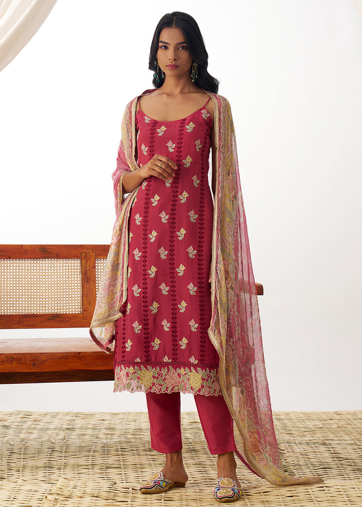 Buy Now Pink Organza Embroidered Kurta Style Salwar Suit Online in USA, UK, Canada, Germany, Italy, France, Austria, UAE & Worldwide at Empress Clothing.
