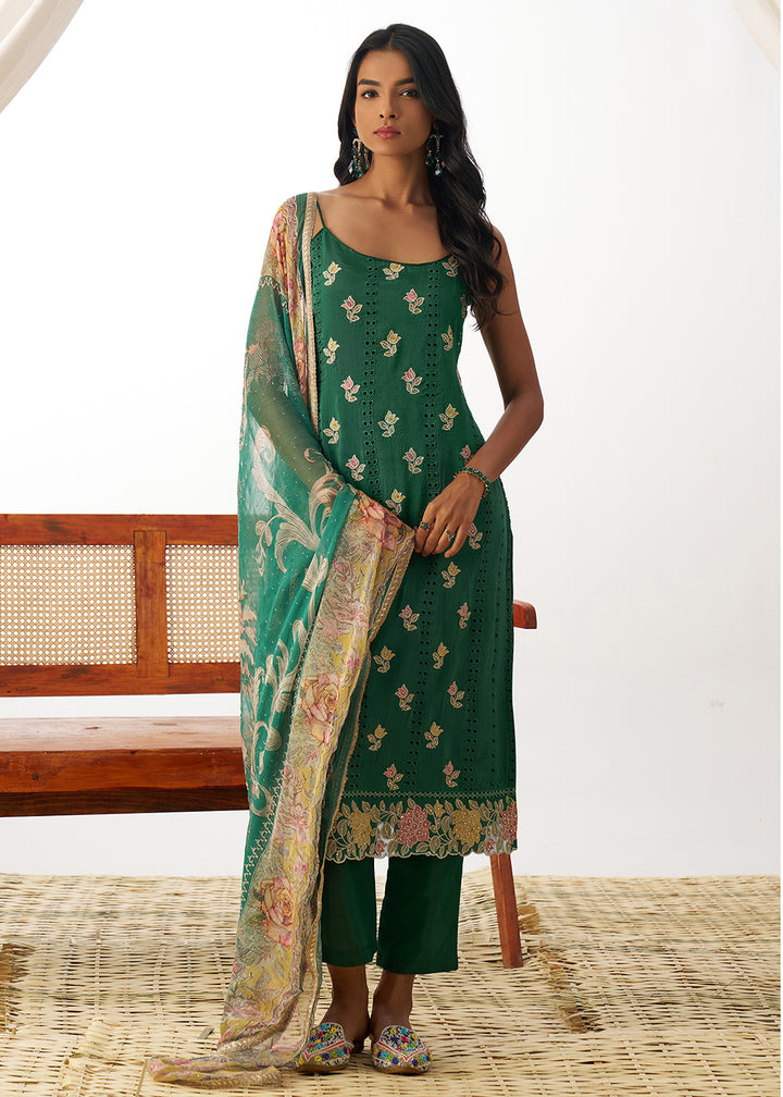 Buy Now Green Organza Embroidered Kurta Style Salwar Suit Online in USA, UK, Canada, Germany, Italy, France, Austria, UAE & Worldwide at Empress Clothing.
