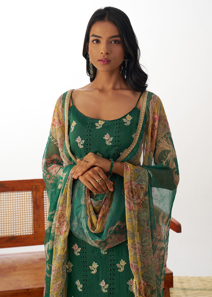 Buy Now Green Organza Embroidered Kurta Style Salwar Suit Online in USA, UK, Canada, Germany, Italy, France, Austria, UAE & Worldwide at Empress Clothing.