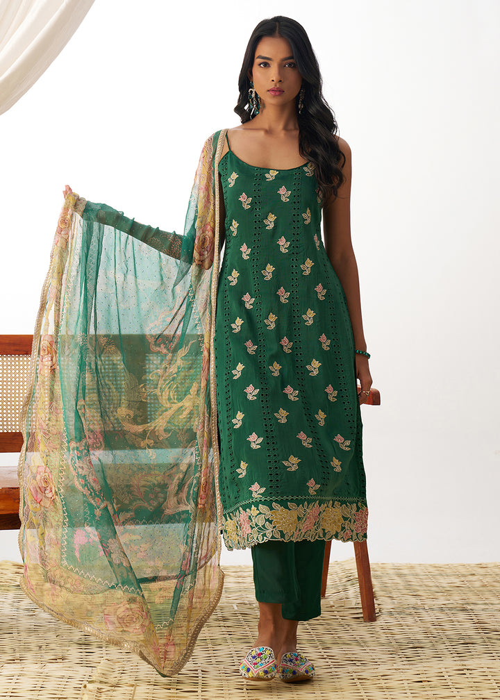 Buy Now Green Organza Embroidered Kurta Style Salwar Suit Online in USA, UK, Canada, Germany, Italy, France, Austria, UAE & Worldwide at Empress Clothing.