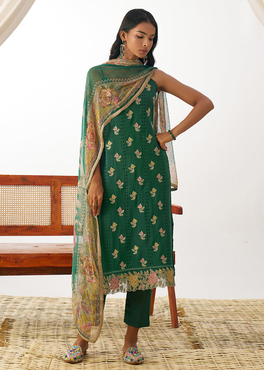 Buy Now Green Organza Embroidered Kurta Style Salwar Suit Online in USA, UK, Canada, Germany, Italy, France, Austria, UAE & Worldwide at Empress Clothing.