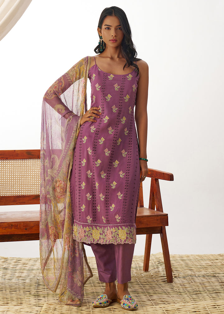 Buy Now Purple Organza Embroidered Kurta Style Salwar Suit Online in USA, UK, Canada, Germany, Italy, France, Austria, UAE & Worldwide at Empress Clothing.