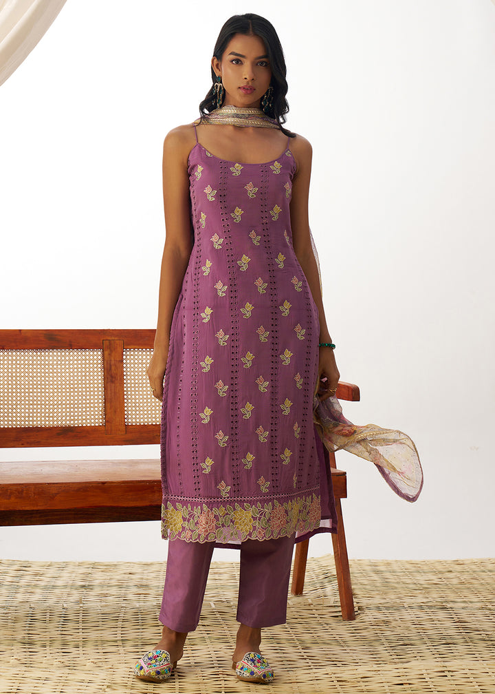 Buy Now Purple Organza Embroidered Kurta Style Salwar Suit Online in USA, UK, Canada, Germany, Italy, France, Austria, UAE & Worldwide at Empress Clothing.
