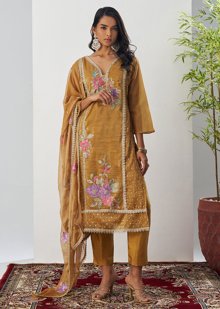 Buy Now Mustard Fancy Crush Floral Straight Salwar Suit Online in US, UK, Canada, Germany, Italy, France, Australia, Norway, UAE & Worldwide at Empress Clothing.