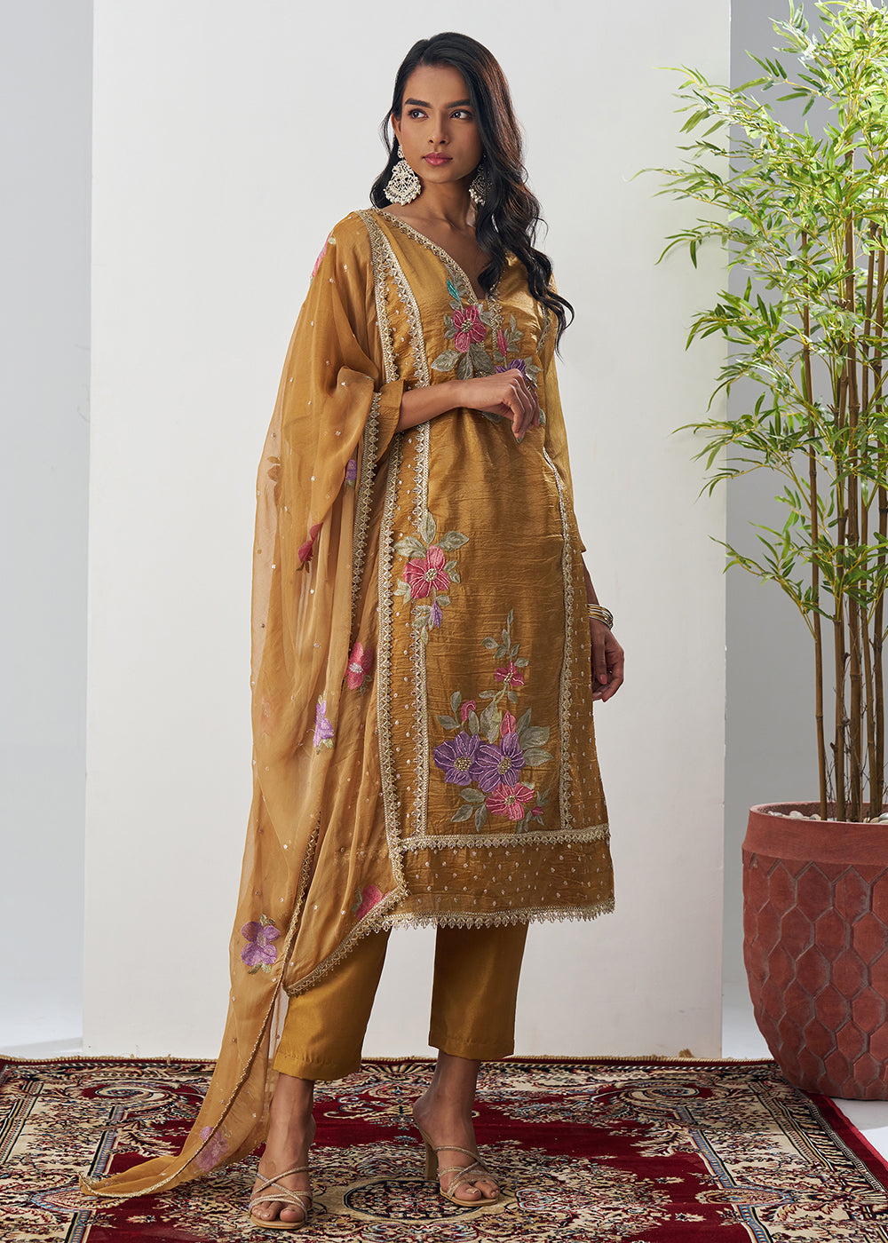 Buy Now Mustard Fancy Crush Floral Straight Salwar Suit Online in US, UK, Canada, Germany, Italy, France, Australia, Norway, UAE & Worldwide at Empress Clothing.