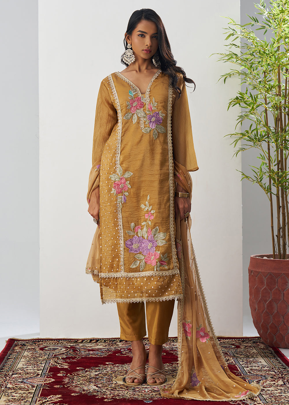 Buy Now Mustard Fancy Crush Floral Straight Salwar Suit Online in US, UK, Canada, Germany, Italy, France, Australia, Norway, UAE & Worldwide at Empress Clothing.