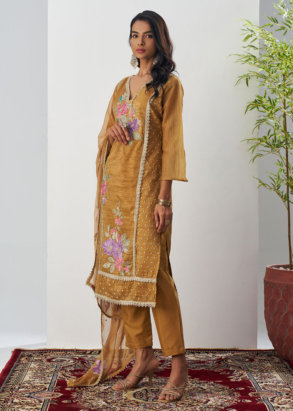 Buy Now Mustard Fancy Crush Floral Straight Salwar Suit Online in US, UK, Canada, Germany, Italy, France, Australia, Norway, UAE & Worldwide at Empress Clothing.