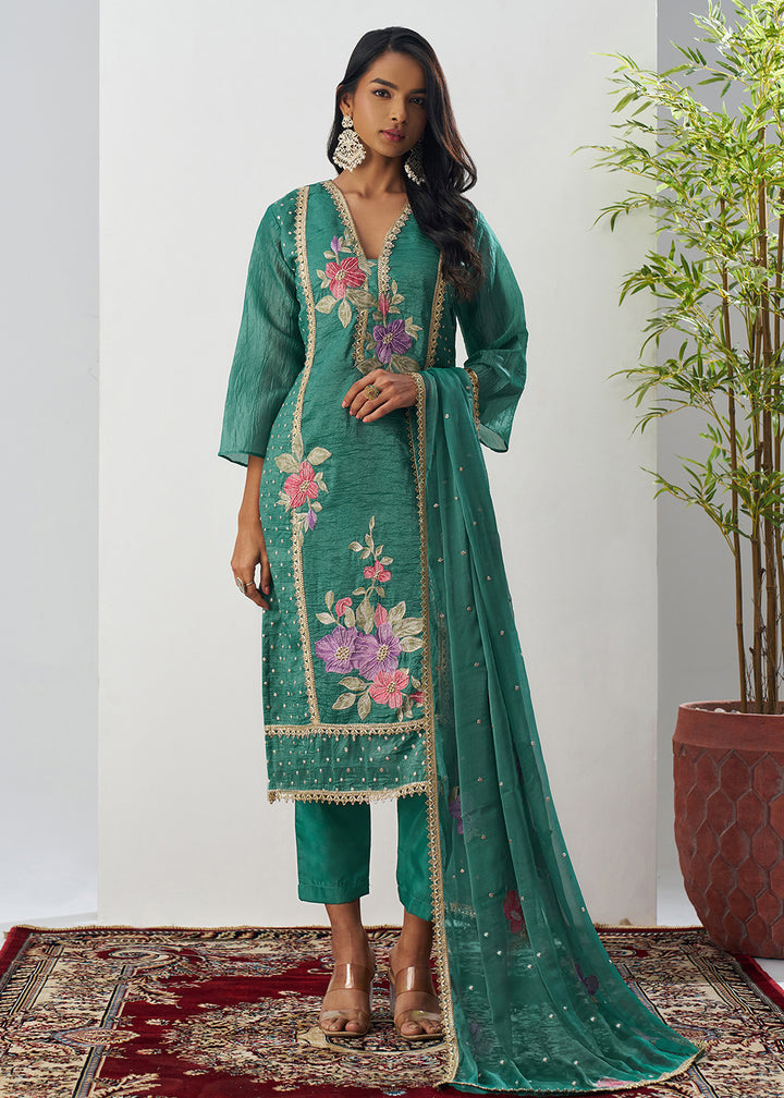 Buy Now Green Fancy Crush Floral Straight Salwar Suit Online in US, UK, Canada, Germany, Italy, France, Australia, Norway, UAE & Worldwide at Empress Clothing.