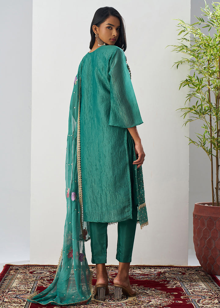 Buy Now Green Fancy Crush Floral Straight Salwar Suit Online in US, UK, Canada, Germany, Italy, France, Australia, Norway, UAE & Worldwide at Empress Clothing.