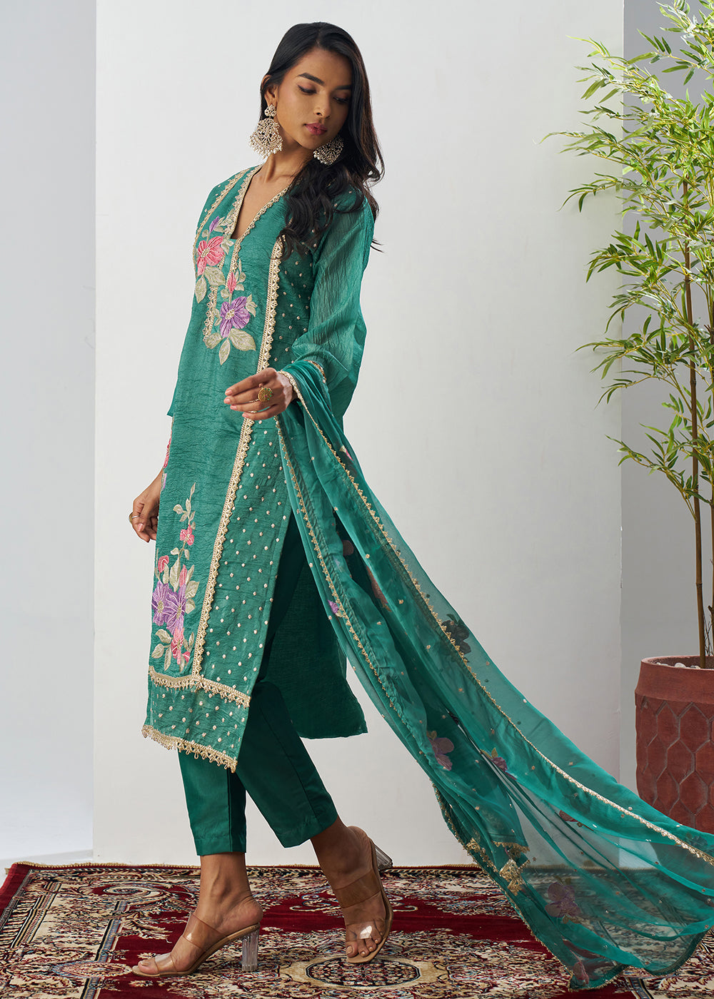 Buy Now Green Fancy Crush Floral Straight Salwar Suit Online in US, UK, Canada, Germany, Italy, France, Australia, Norway, UAE & Worldwide at Empress Clothing.
