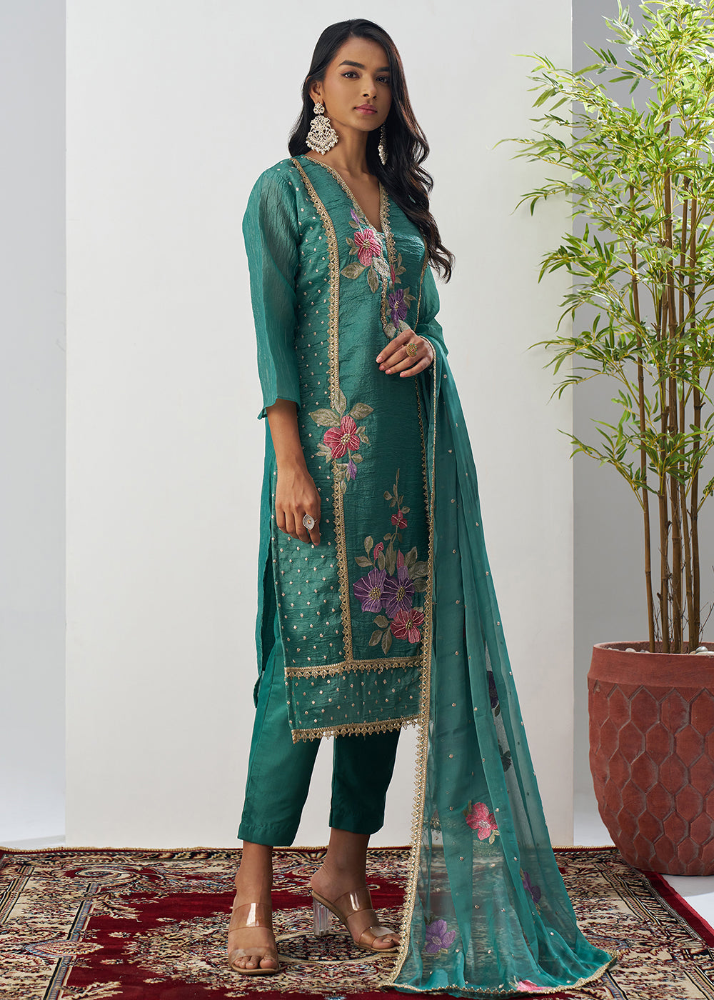 Buy Now Green Fancy Crush Floral Straight Salwar Suit Online in US, UK, Canada, Germany, Italy, France, Australia, Norway, UAE & Worldwide at Empress Clothing.