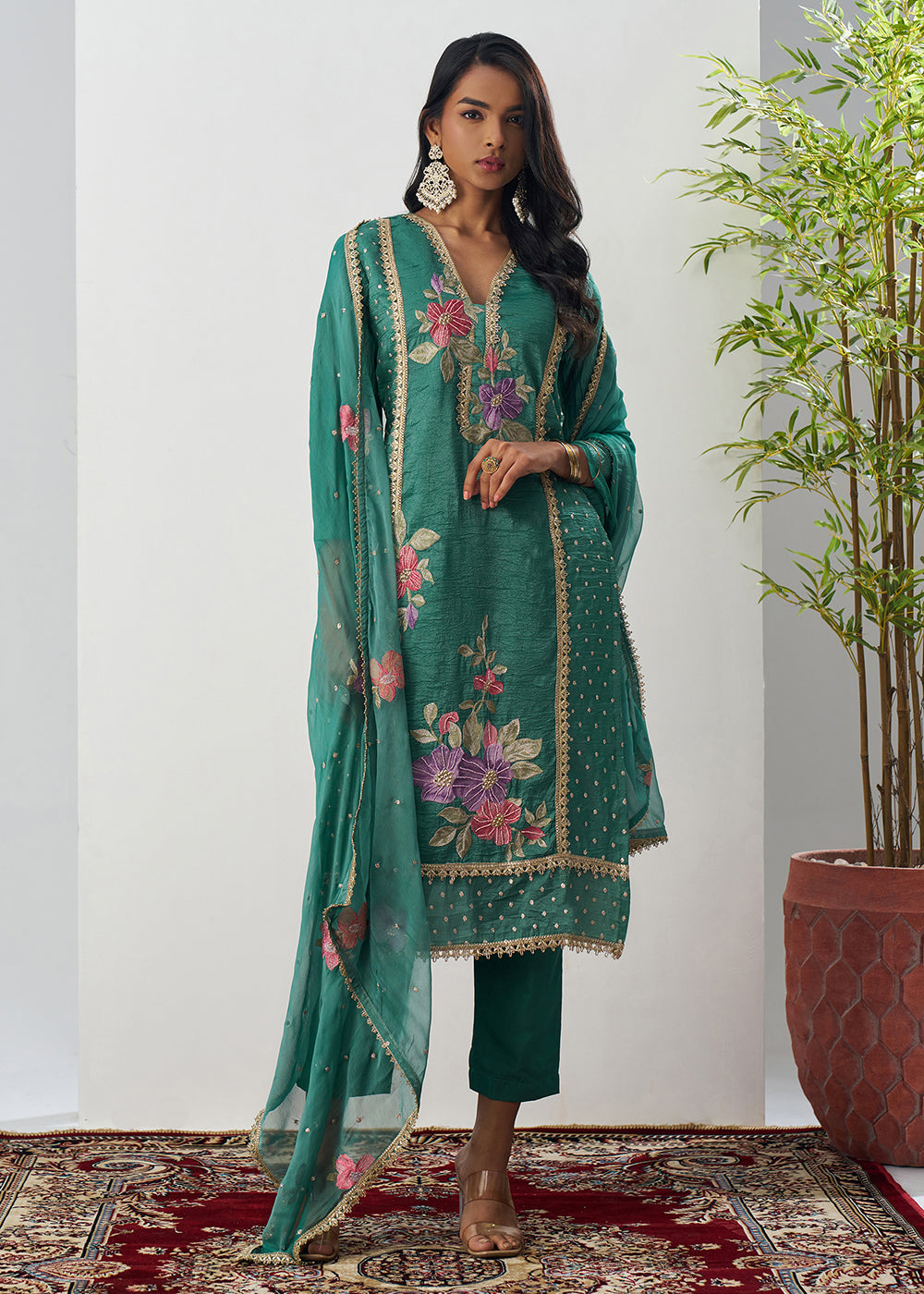 Buy Now Green Fancy Crush Floral Straight Salwar Suit Online in US, UK, Canada, Germany, Italy, France, Australia, Norway, UAE & Worldwide at Empress Clothing.