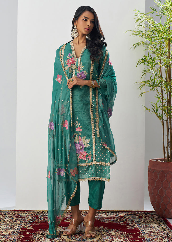 Buy Now Green Fancy Crush Floral Straight Salwar Suit Online in US, UK, Canada, Germany, Italy, France, Australia, Norway, UAE & Worldwide at Empress Clothing.