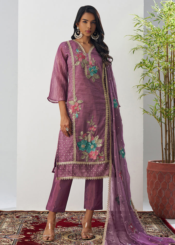 Buy Now Purple Fancy Crush Floral Straight Salwar Suit Online in US, UK, Canada, Germany, Italy, France, Australia, Norway, UAE & Worldwide at Empress Clothing.