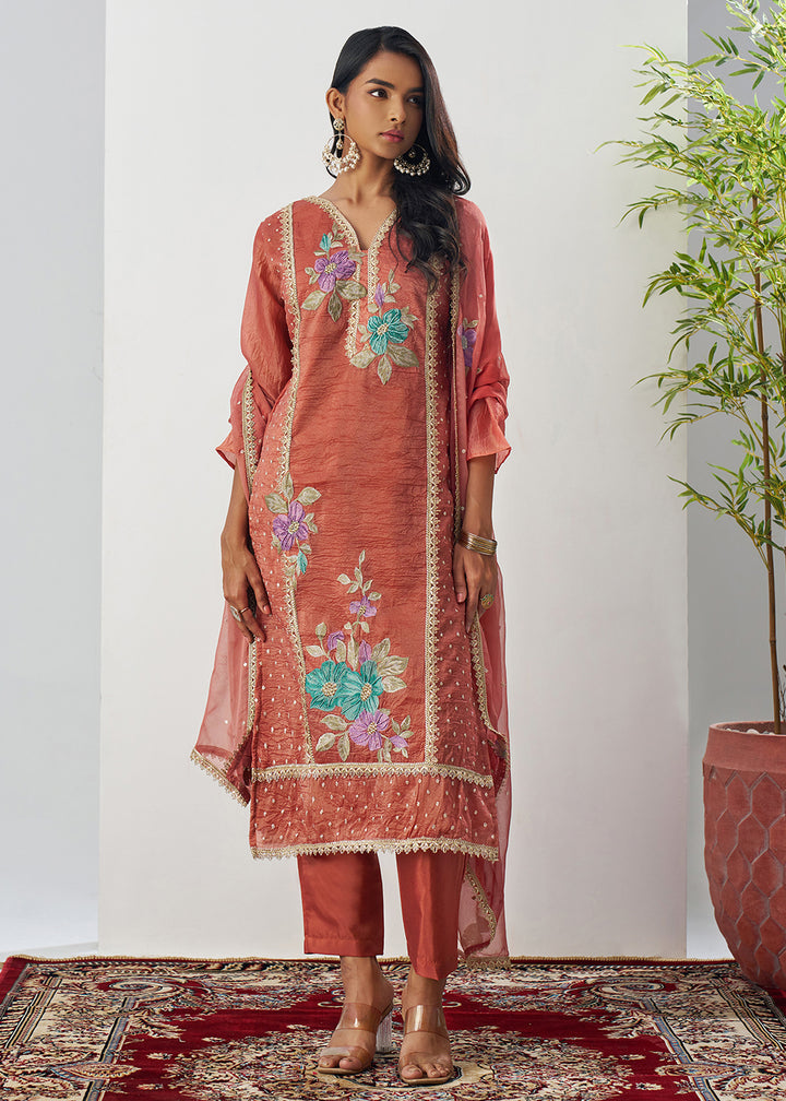 Buy Now Orange Fancy Crush Floral Straight Salwar Suit Online in US, UK, Canada, Germany, Italy, France, Australia, Norway, UAE & Worldwide at Empress Clothing.