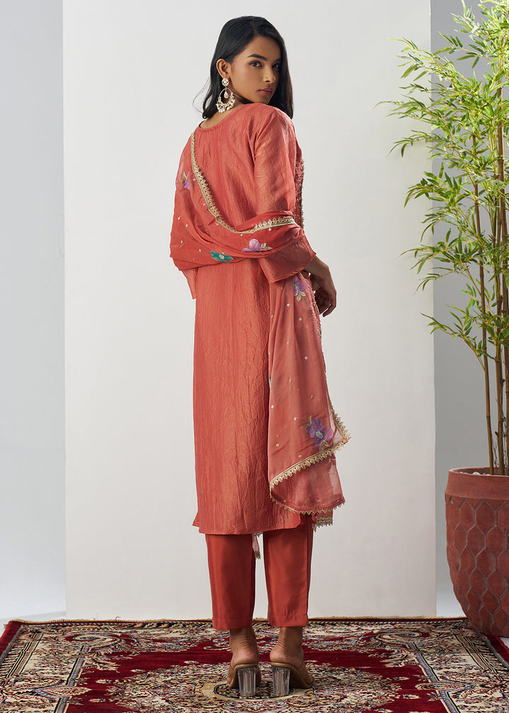 Buy Now Orange Fancy Crush Floral Straight Salwar Suit Online in US, UK, Canada, Germany, Italy, France, Australia, Norway, UAE & Worldwide at Empress Clothing.